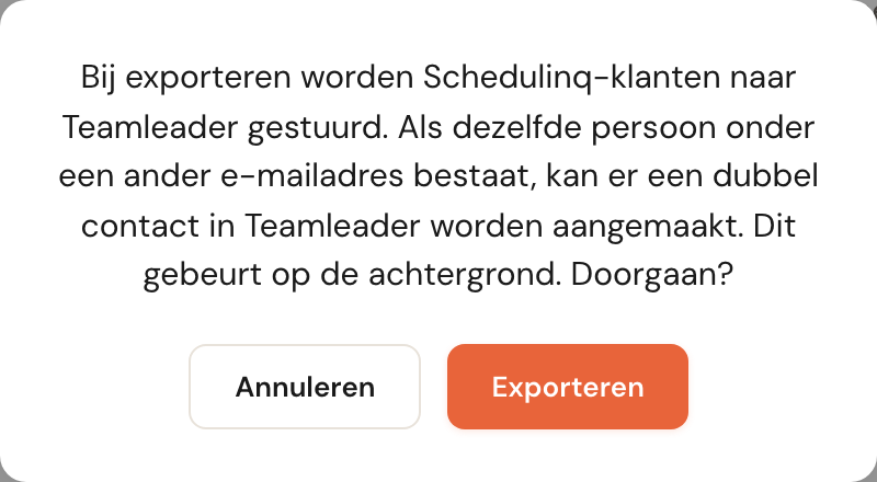 Het bevestigingsvenster voor exporteren, met dezelfde waarschuwing over dubbelen.