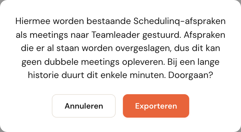 De bevestiging voor het exporteren van afspraken, met de uitleg dat afspraken die er al staan worden overgeslagen en dat een lange historie enkele minuten duurt.