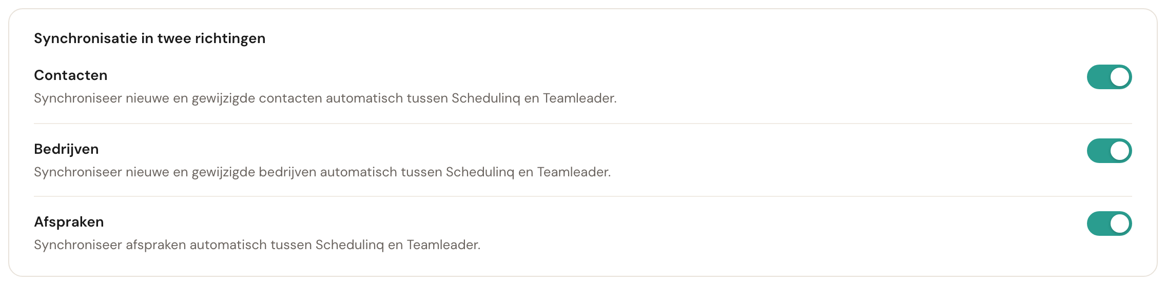 De drie schakelaars voor bidirectionele synchronisatie: Contacten, Bedrijven en Afspraken, alle drie aan.
