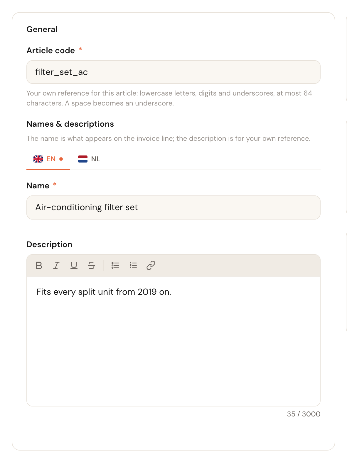 The General card with the article code filter_set_ac and the name Air-conditioning filter set.