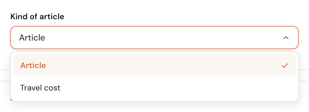 The open Kind of article dropdown with the options Article and Travel cost.