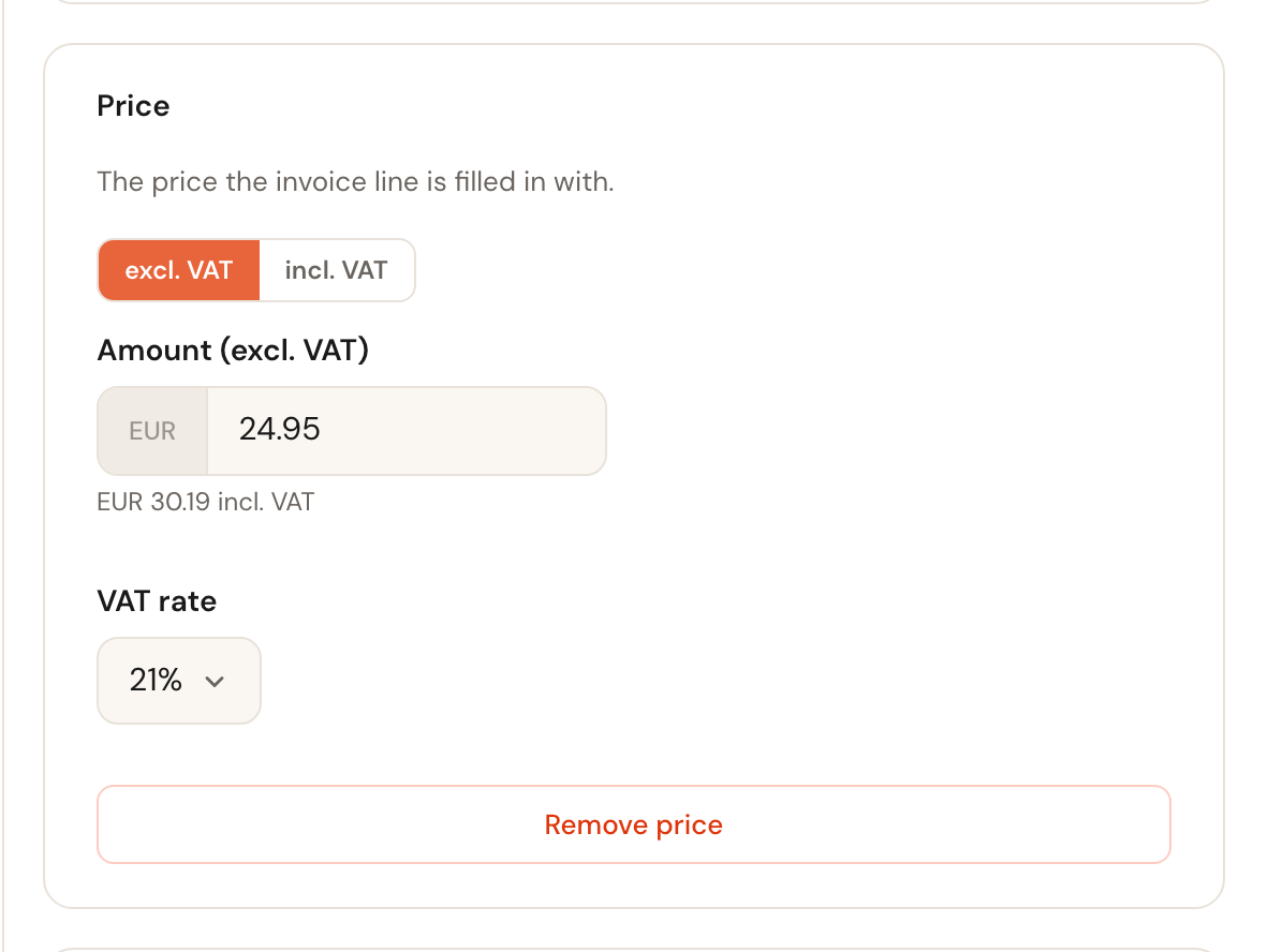 The Price card with the amount 24.95 excluding VAT, 21% VAT and the amount including VAT underneath.