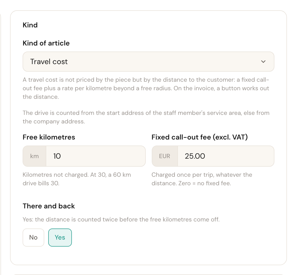 The Kind card with Kind of article set to Travel cost, and underneath Free kilometres 10, Fixed call-out fee 25.00 and There and back set to Yes.