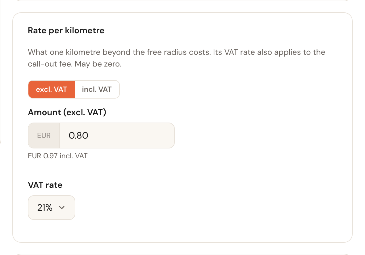 The Rate per kilometre card with 0.80 excluding VAT and 21% VAT.