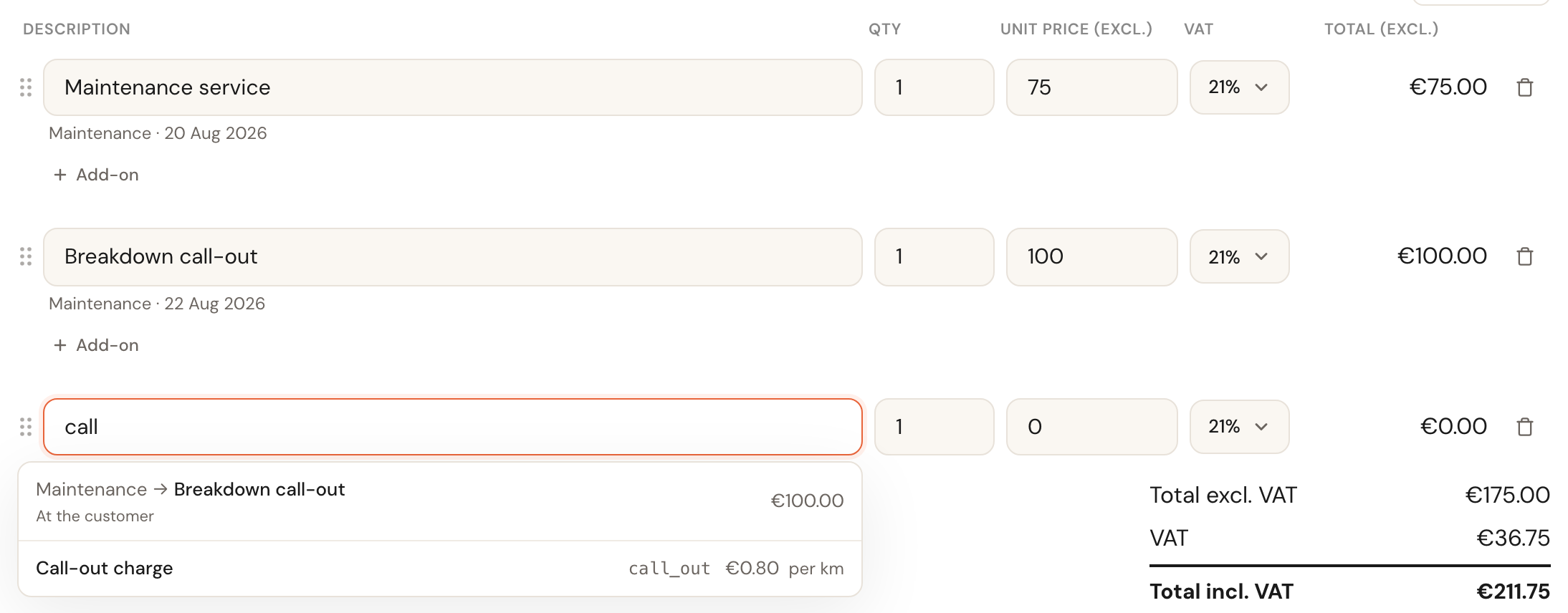 The invoice lines with two appointments and underneath them an empty line with 'call' typed into it, and below it the suggestion Call-out charge with the code call_out and the rate 0.80 per km.