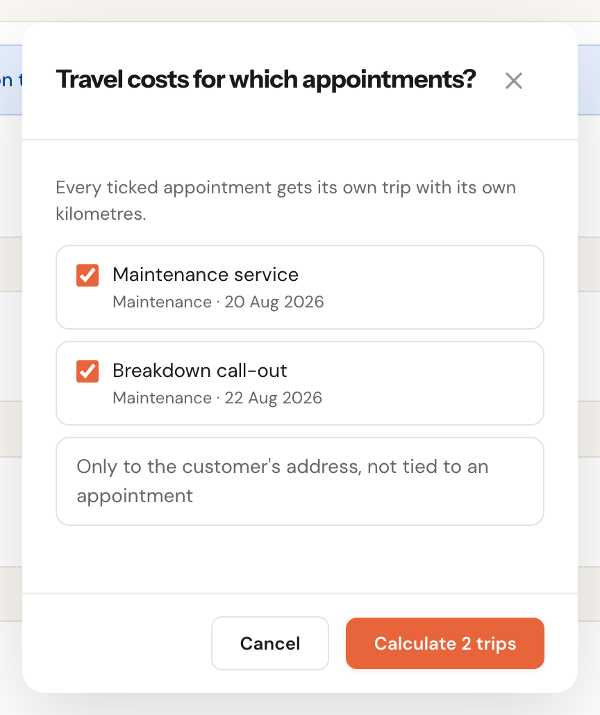 The dialog Travel costs for which appointments?, with two ticked appointments and the option Only to the customer's address.