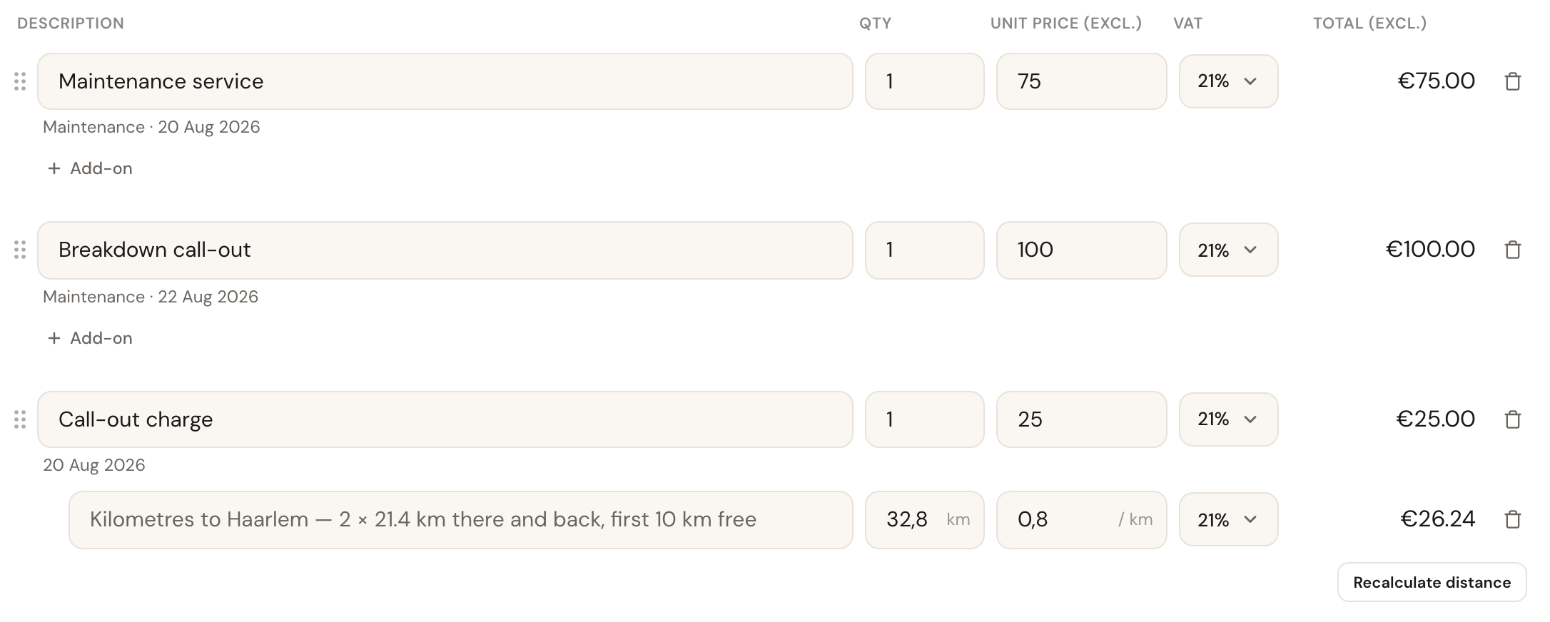 An invoice with two appointment lines and underneath them the travel-cost group: the line Call-out charge at 25.00 and the line Kilometres to Haarlem — 2 × 21.4 km there and back, first 10 km free, 32.8 km at 0.80 per km, with the button Recalculate distance.