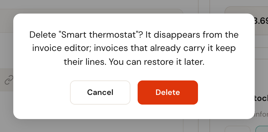 The confirmation dialog asking whether to delete Smart thermostat, explaining that invoices keep their lines and that it can be restored later.