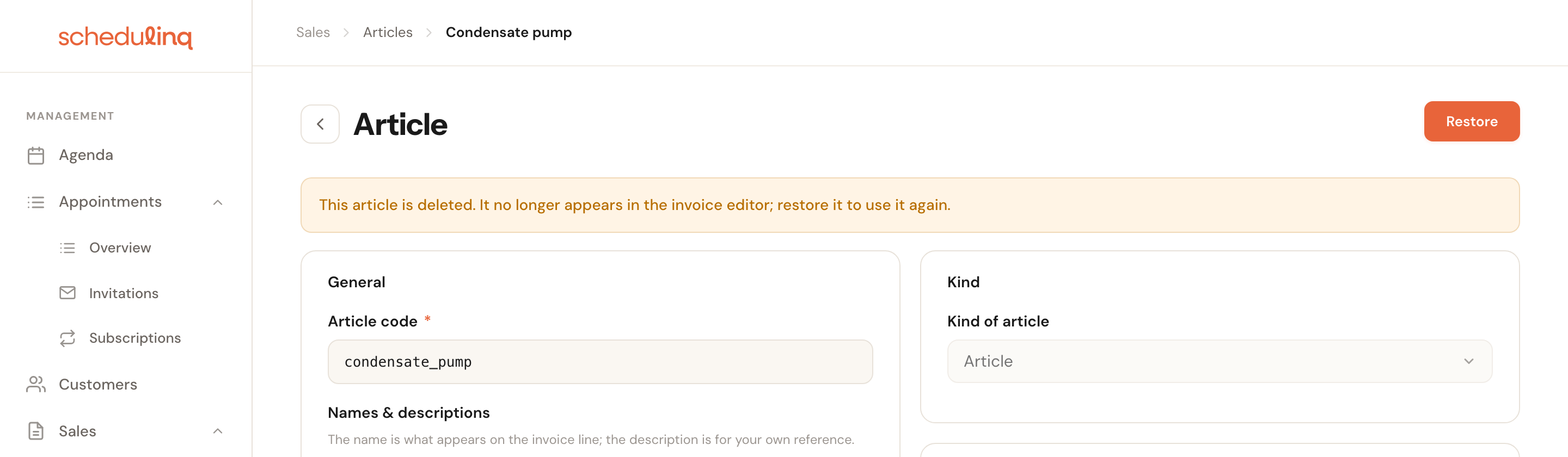 A deleted article with the yellow banner at the top saying it no longer appears in the invoice editor, and the Restore button top right.