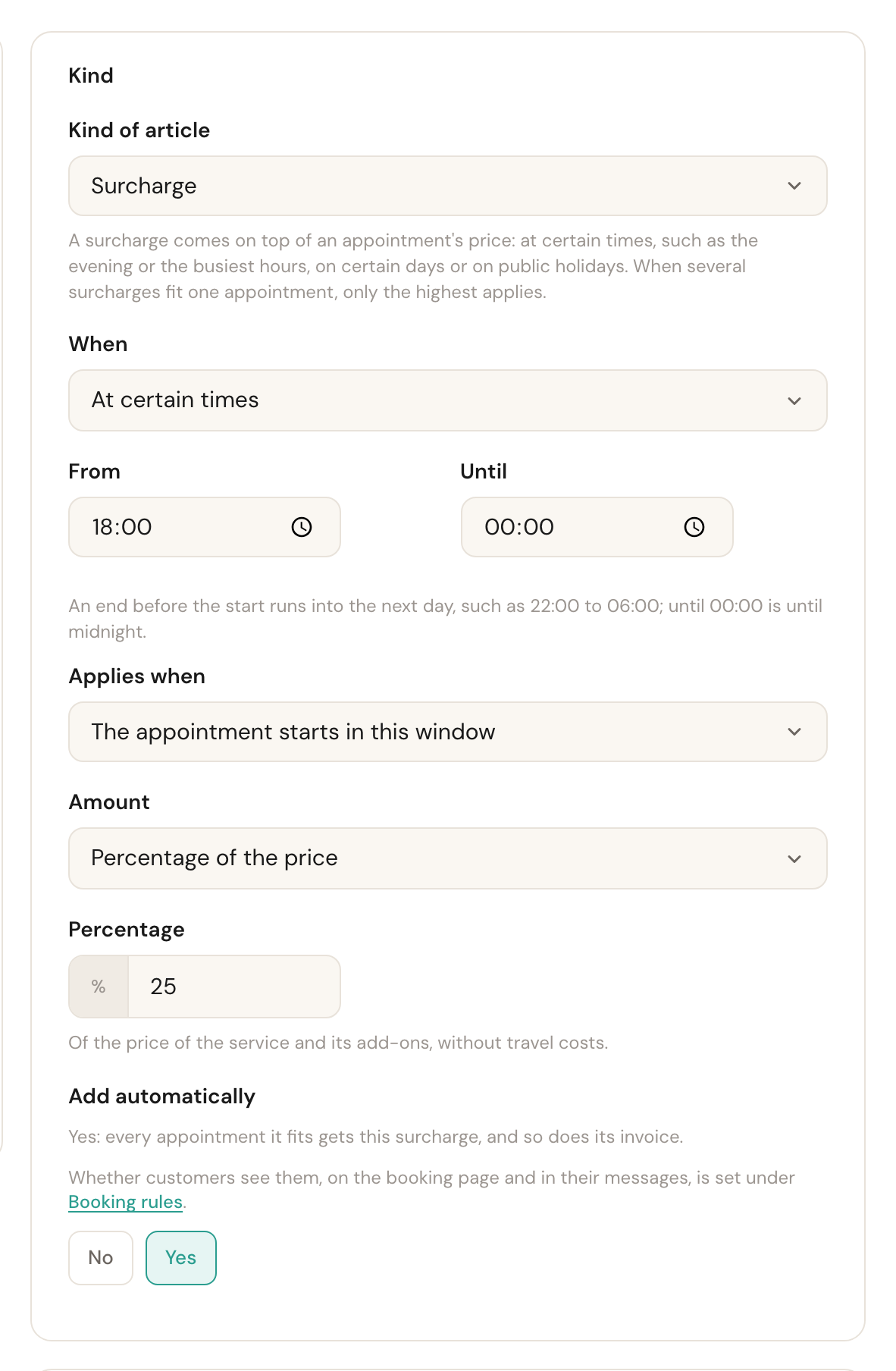 The Kind card with Kind of article set to Surcharge: When set to At certain times, from 18:00 until 00:00, Applies when The appointment starts in this window, Amount Percentage of the price at 25%, and Add automatically set to Yes.