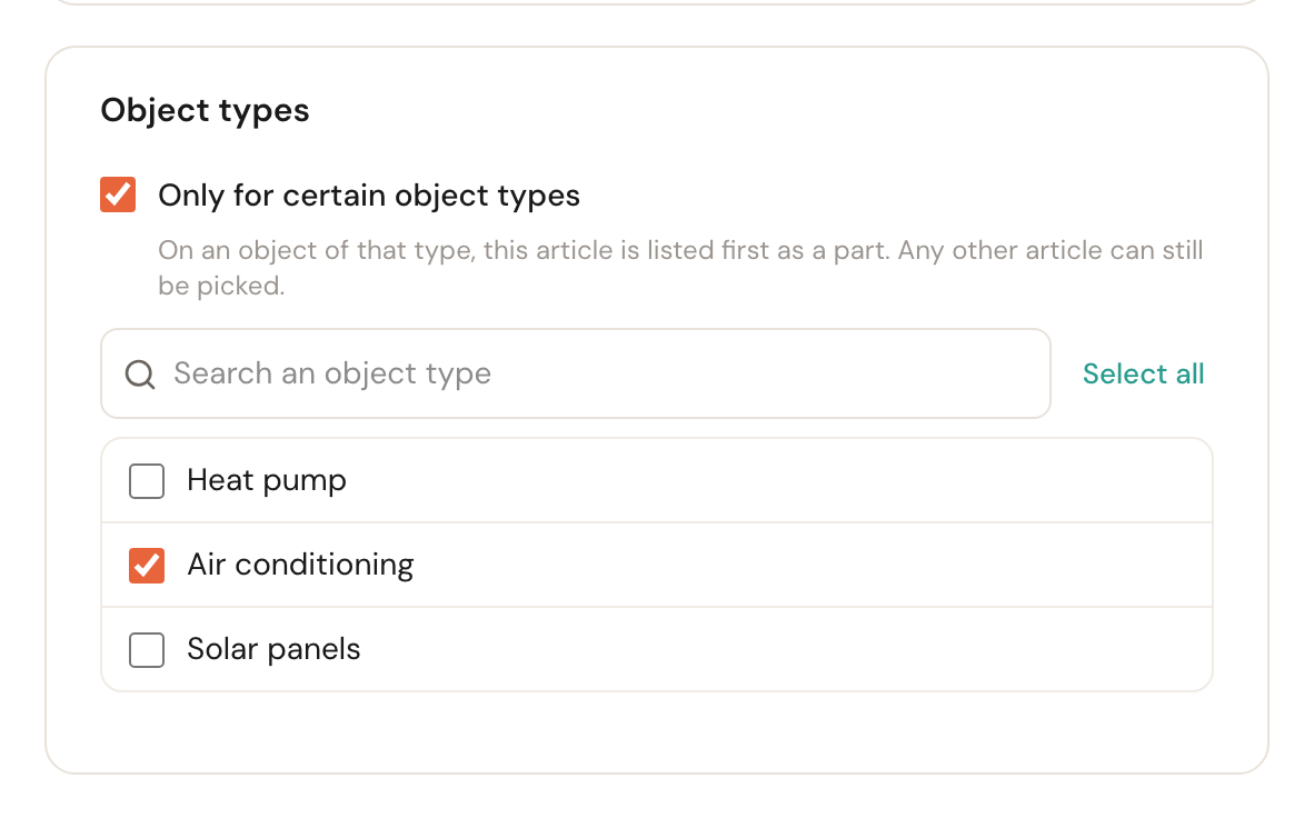 The Object types card with Only for certain object types ticked, the note that the article is listed first as a part on an object of that type, and the list Heat pump, Air conditioning (ticked) and Solar panels.