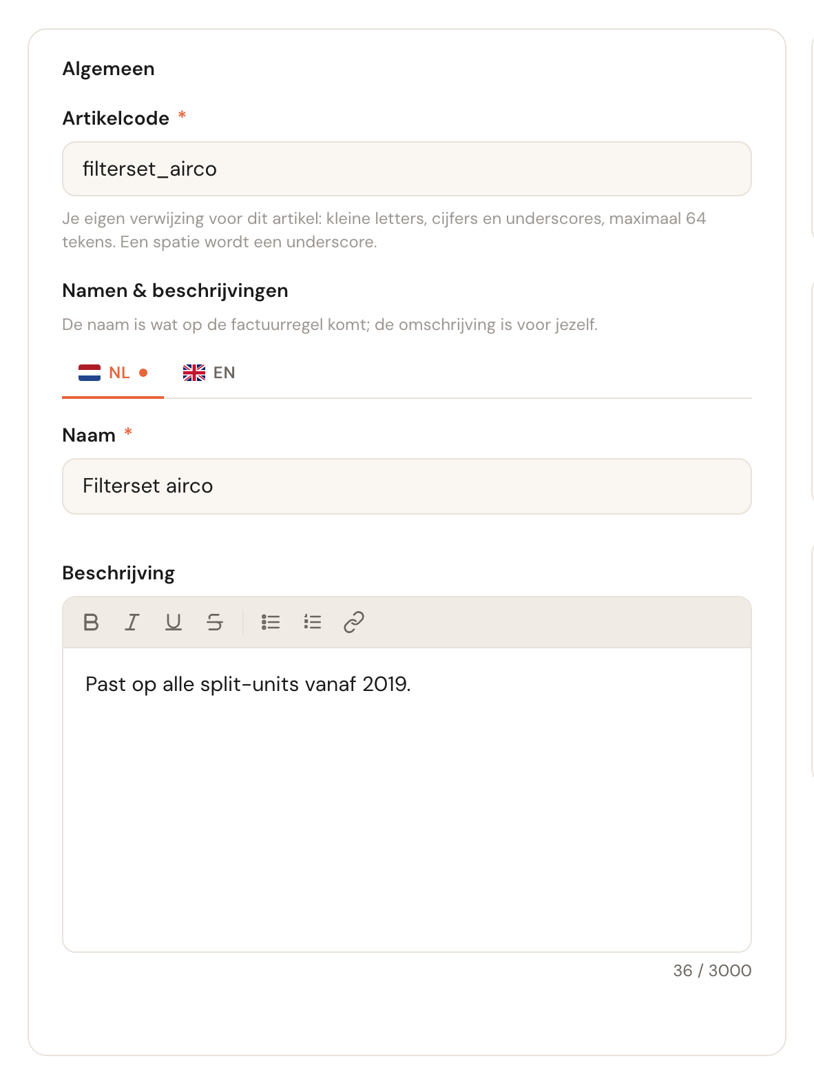De kaart Algemeen met de artikelcode filterset_airco en de naam Filterset airco.