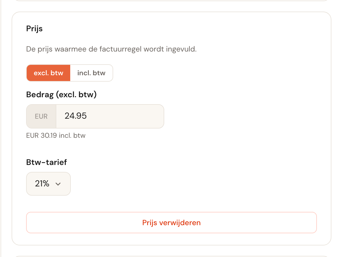De kaart Prijs met het bedrag 24,95 exclusief btw, 21% btw en daaronder het bedrag inclusief.