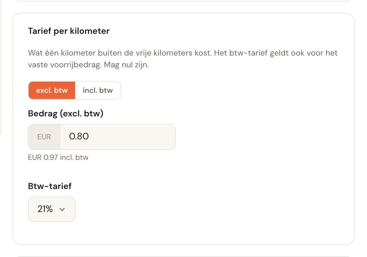 De kaart Tarief per kilometer met 0,80 exclusief btw en 21% btw.