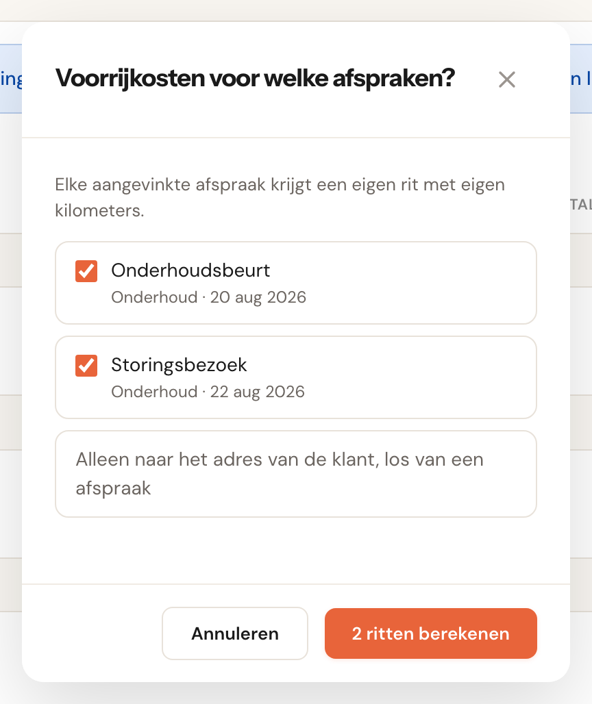 Het venster Voorrijkosten voor welke afspraken?, met twee aangevinkte afspraken en de optie Alleen naar het adres van de klant.
