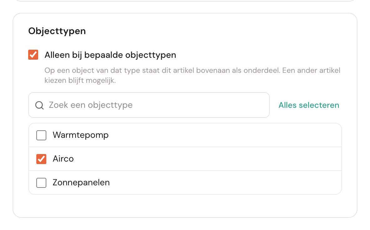 De kaart Objecttypen met Alleen bij bepaalde objecttypen aangevinkt, de uitleg dat het artikel op een object van dat type bovenaan staat als onderdeel, en de lijst Warmtepomp, Airco (aangevinkt) en Zonnepanelen.