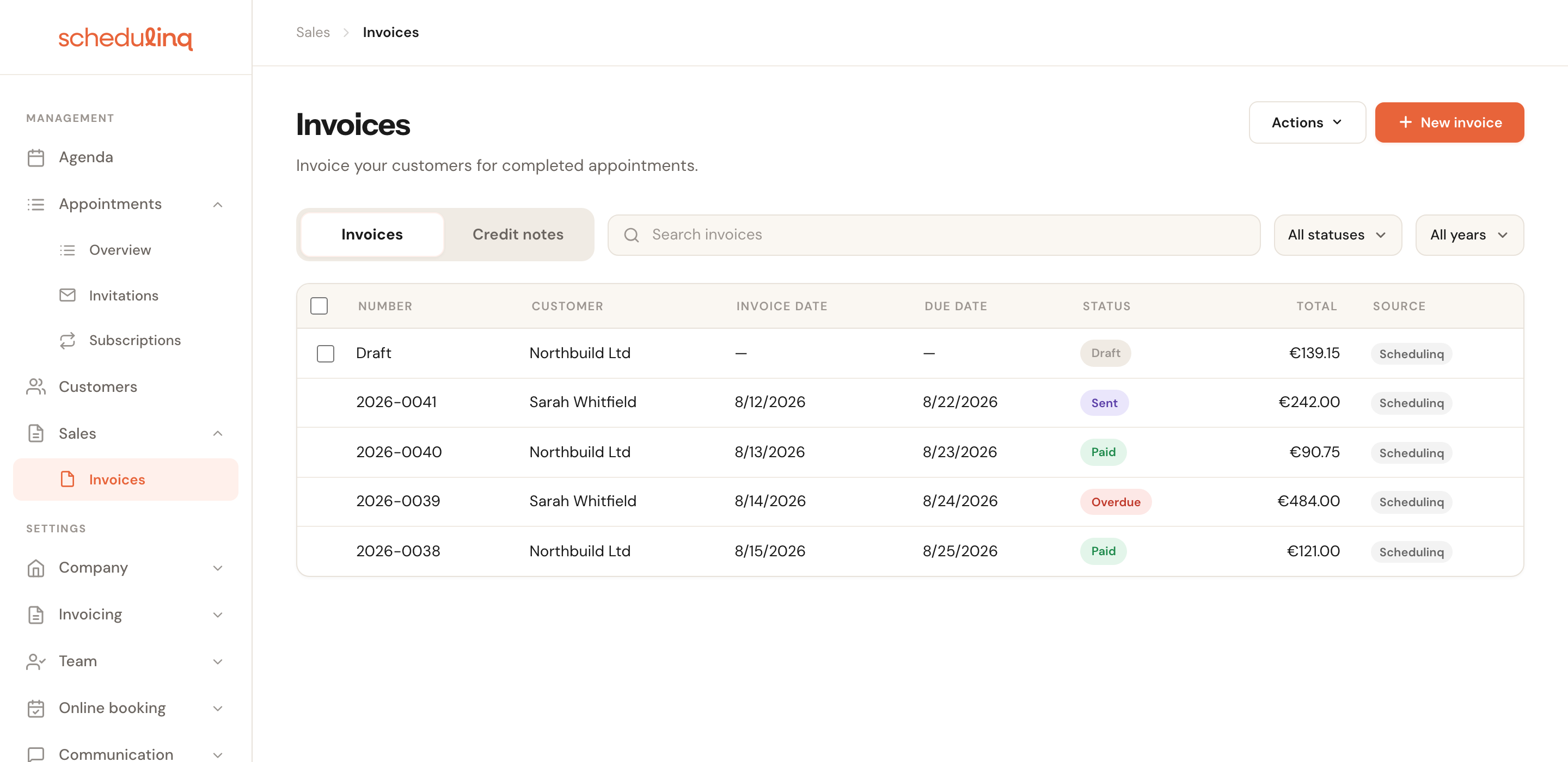 The invoice overview with one draft and four issued invoices.