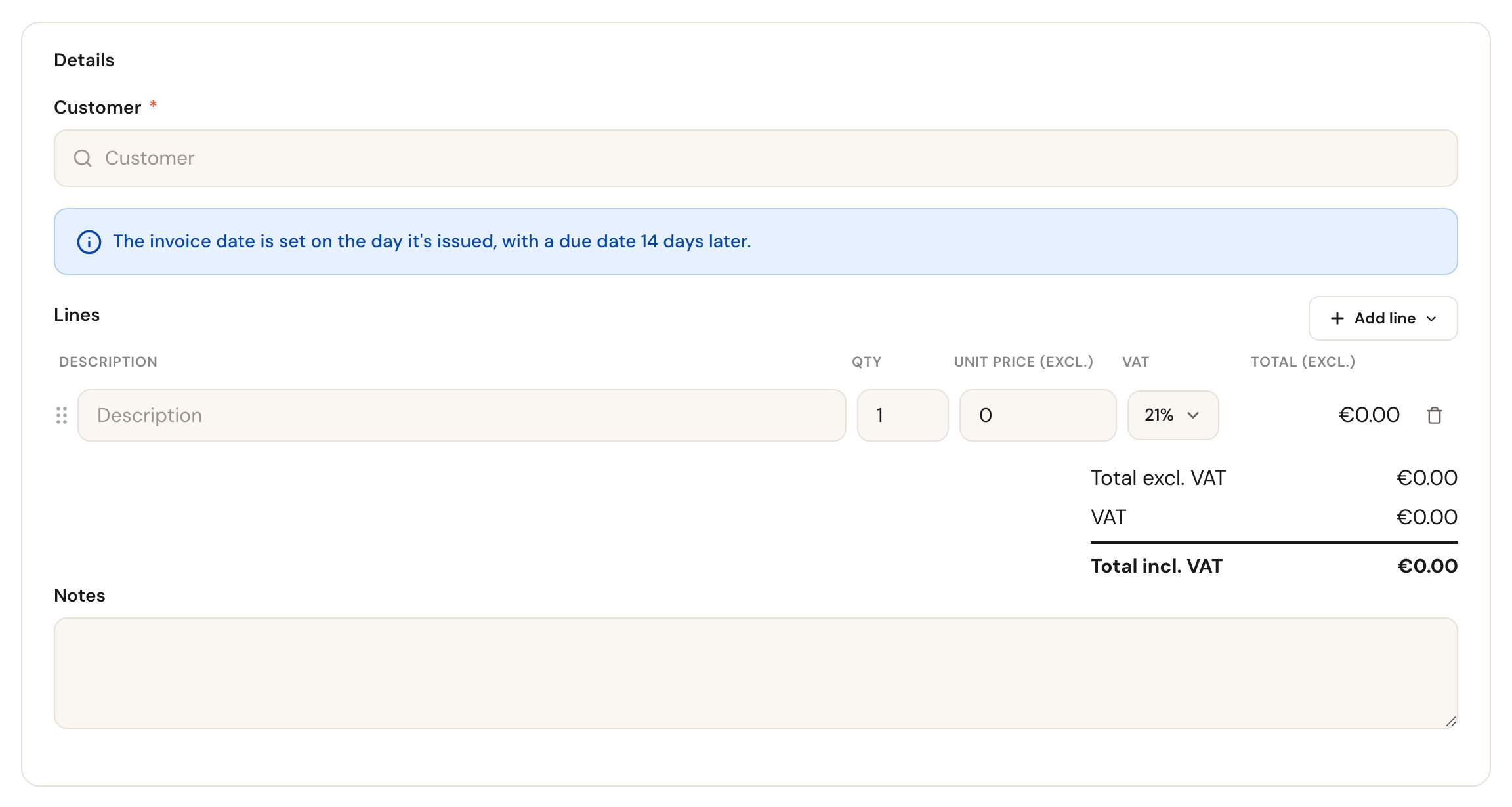 The empty invoice form with a customer field, a blue note about dates, one blank line and the totals.