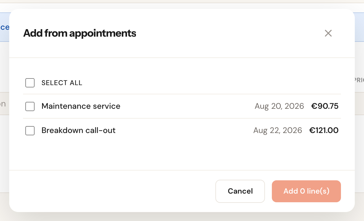 The picker listing the customer's uninvoiced appointments with date and amount.
