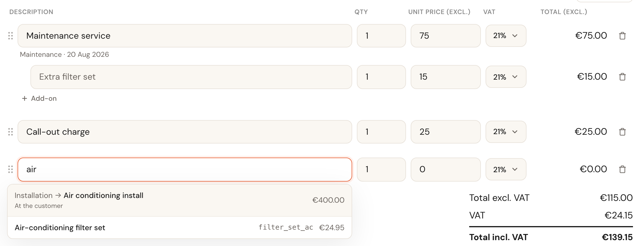 An empty line with 'air' typed into it, and underneath the suggestion Installation → Air conditioning install marked At the customer with its price, and the article Air-conditioning filter set with its code and price.