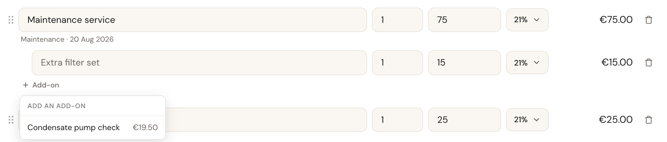 Under the appointment line the Add-on button is open, with the list Add an add-on showing an add-on of that appointment type and its price.