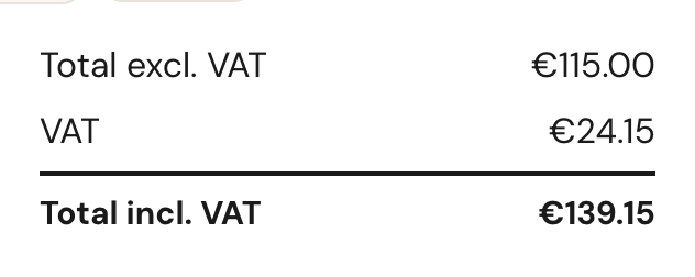 The totals: total excluding VAT, VAT, and total including VAT.