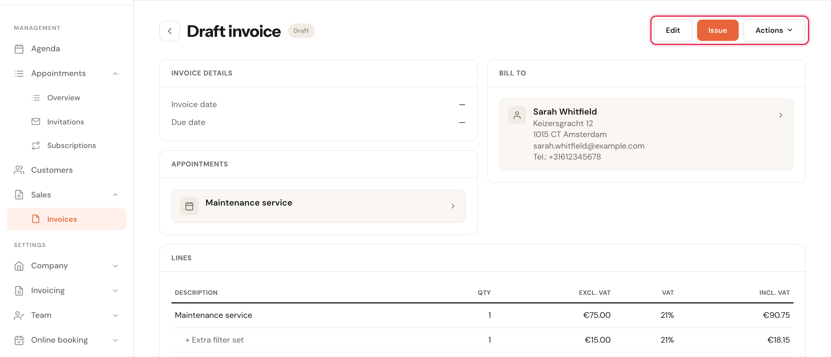 A saved draft invoice showing the Draft status and the Edit, Issue and Actions buttons at the top right.