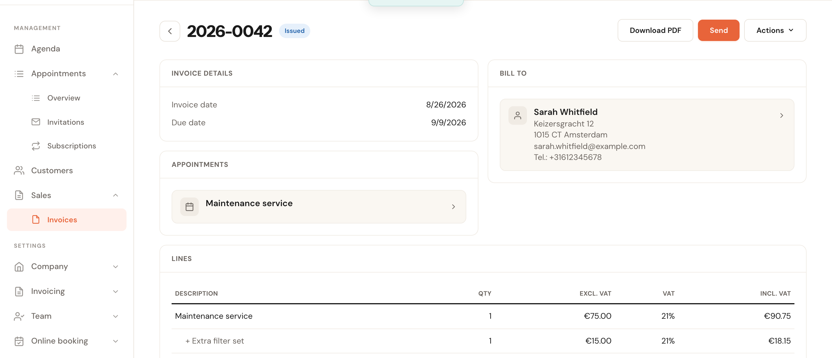 The issued invoice with its number, invoice date, due date and the Download PDF and Send buttons.