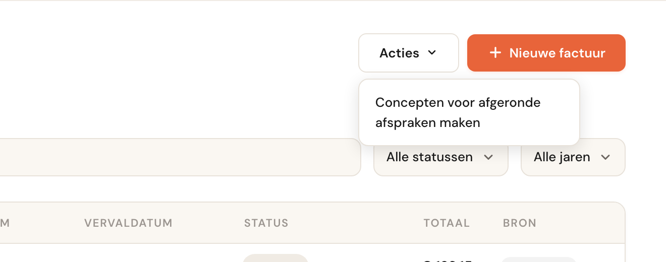 Het menu Acties met de optie om concepten aan te maken.