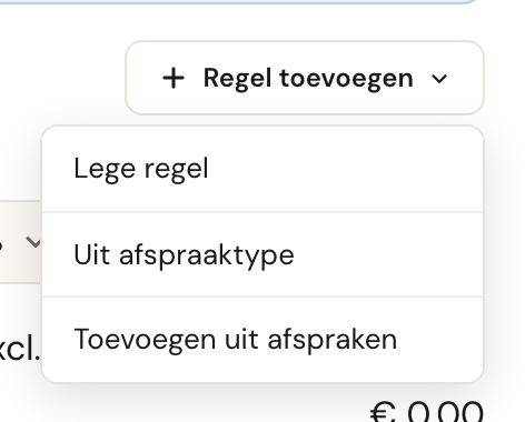 Het menu Regel toevoegen met drie opties: een lege regel, vanuit een afspraaktype en afspraken toevoegen.