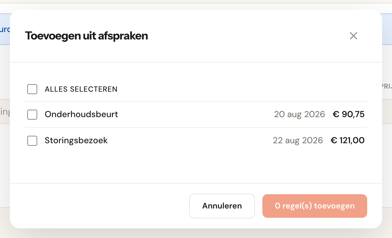 Het venster met de nog niet gefactureerde afspraken van de klant, met datum en bedrag per regel.