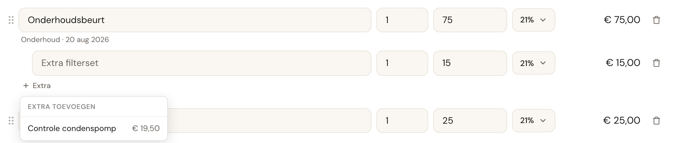 Onder de afspraakregel is de knop Extra opengeklapt, met de lijst Extra toevoegen met een extra van dat afspraaktype en de prijs.