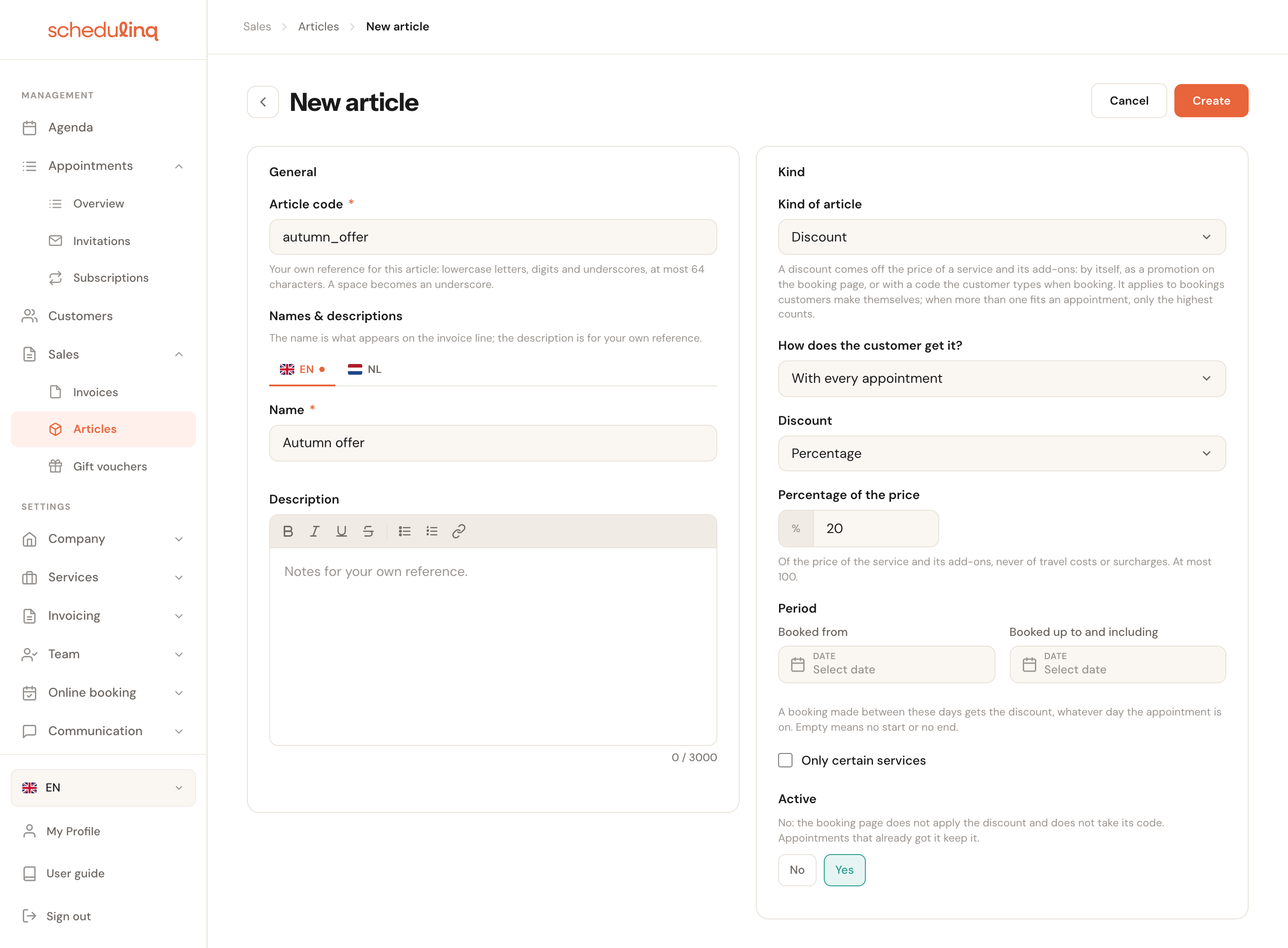 The New article form with the code autumn_offer and the name Autumn offer on the left, and on the right the Kind card with Kind of article set to Discount, How does the customer get it set to With every appointment, Discount set to Percentage with 20, an empty period, Only certain services, and Active set to Yes.