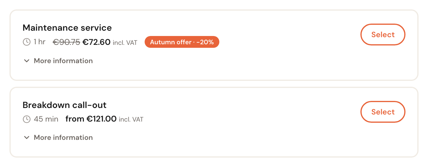 Two services on the booking page: Maintenance service shows €90.75 struck through, €72.60 incl. VAT beside it and the label Autumn offer · −20%; Breakdown call-out shows its usual from €121.00 incl. VAT.