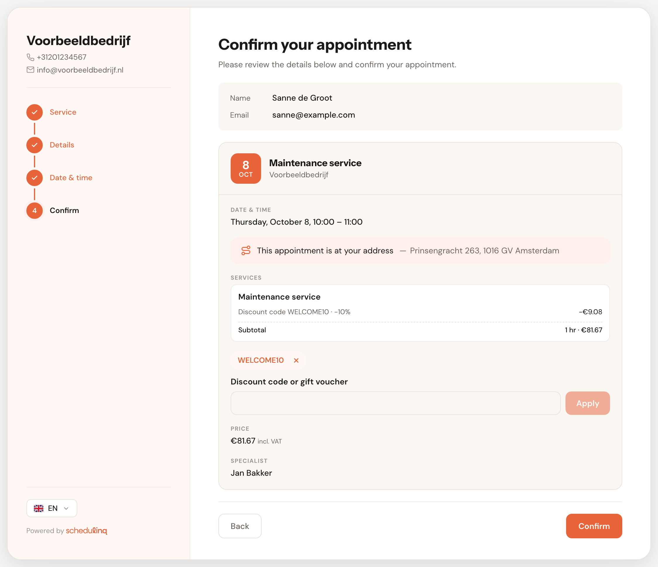 The last step of the booking page, Confirm your appointment: under the service Maintenance service the line Discount code WELCOME10 · −10% −€9.08 and a subtotal of €81.67, below it the code WELCOME10 as a label with a cross, the empty Discount code or gift voucher box with the Apply button, and the price €81.67 incl. VAT.