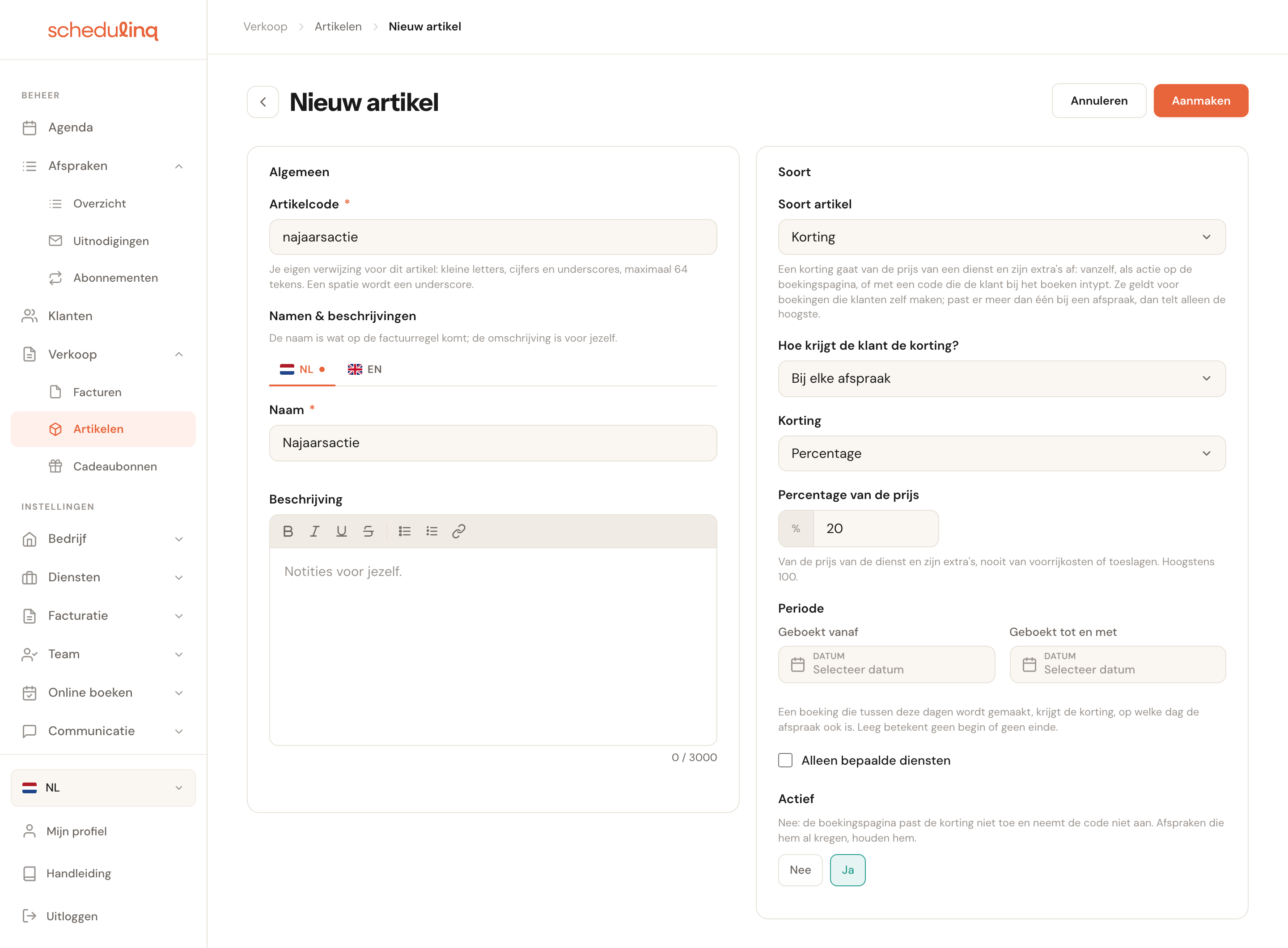 Het formulier Nieuw artikel met links de code najaarsactie en de naam Najaarsactie, en rechts de kaart Soort met Soort artikel op Korting, Hoe krijgt de klant de korting op Bij elke afspraak, Korting op Percentage met 20, de lege periode, Alleen bepaalde diensten en Actief op Ja.