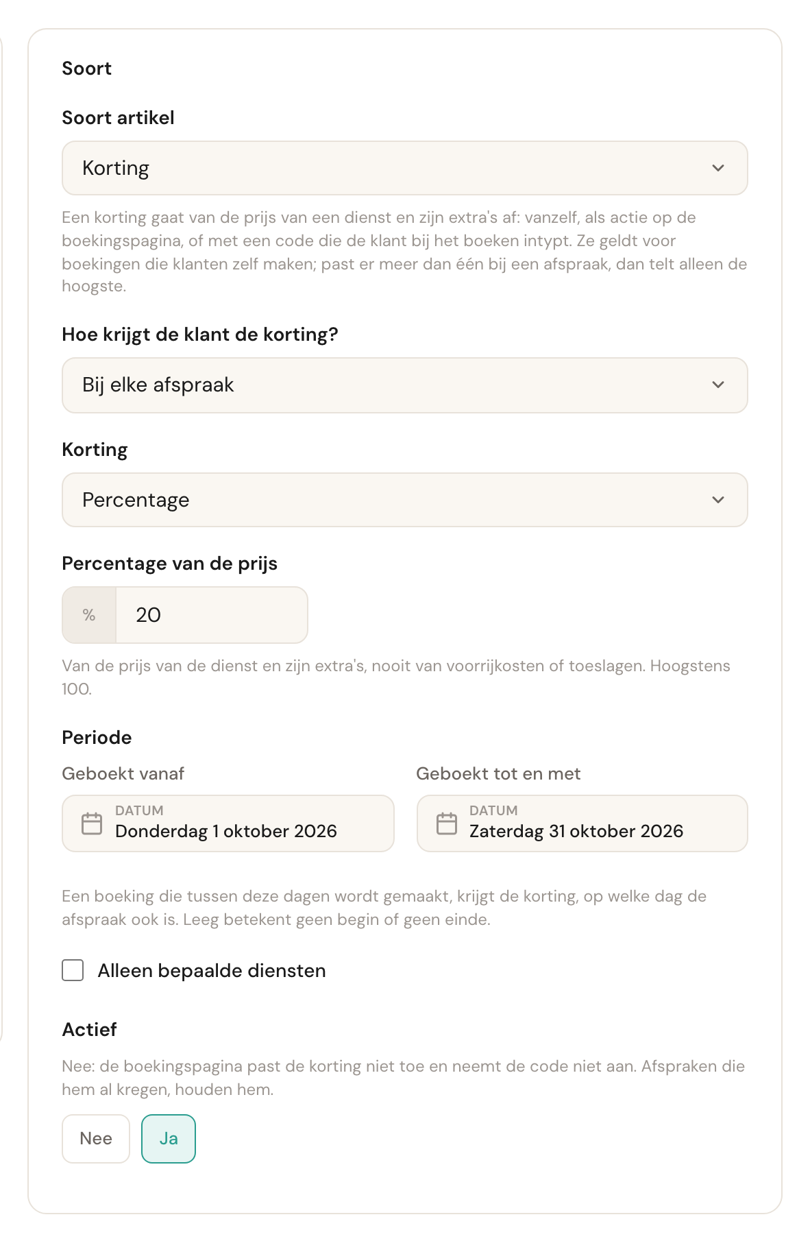 De kaart Soort van de Najaarsactie: Korting, Bij elke afspraak, Percentage, 20%, geboekt vanaf donderdag 1 oktober 2026 tot en met zaterdag 31 oktober 2026, Alleen bepaalde diensten uit, en Actief op Ja.