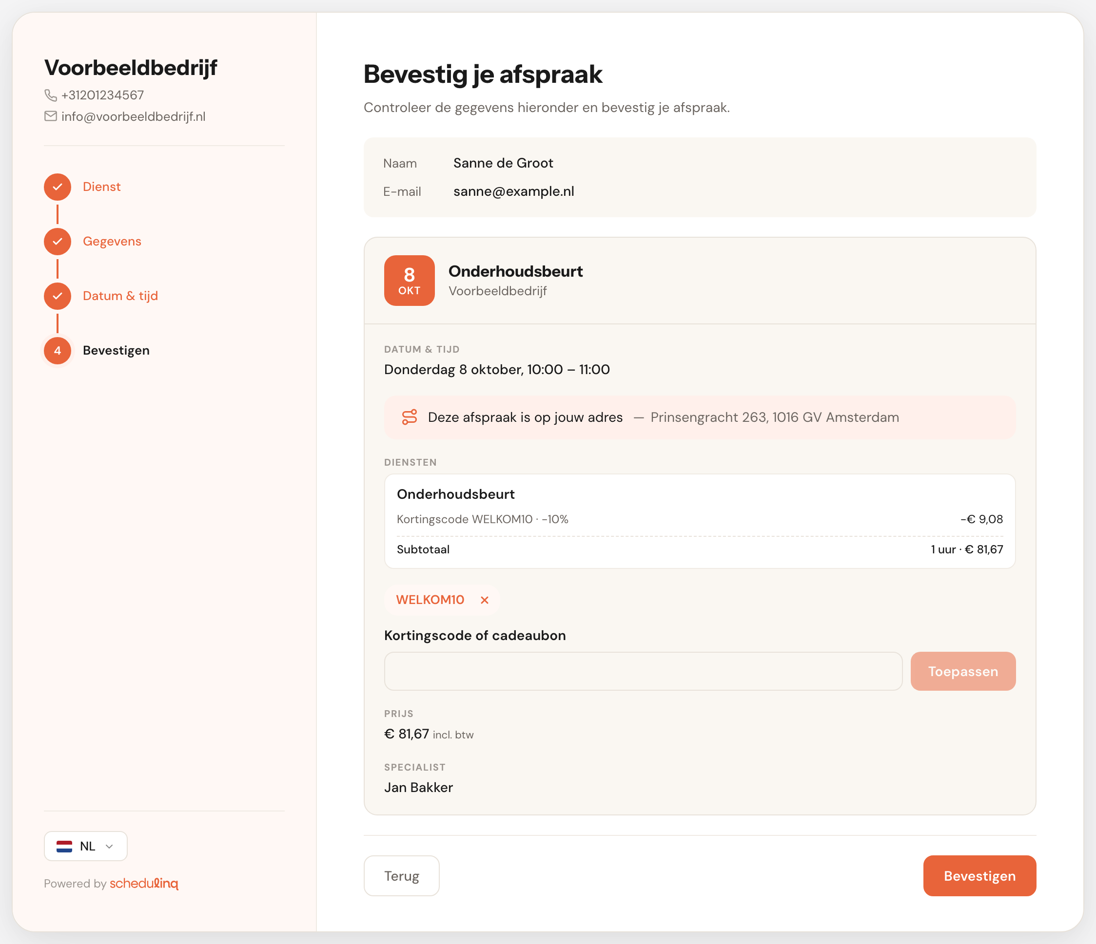 De laatste stap van de boekingspagina, Bevestig je afspraak: onder de dienst Onderhoudsbeurt de regel Kortingscode WELKOM10 · −10% −€ 9,08 en een subtotaal van € 81,67, daaronder de code WELKOM10 als label met een kruisje, het lege vak Kortingscode of cadeaubon met de knop Toepassen, en de prijs € 81,67 incl. btw.