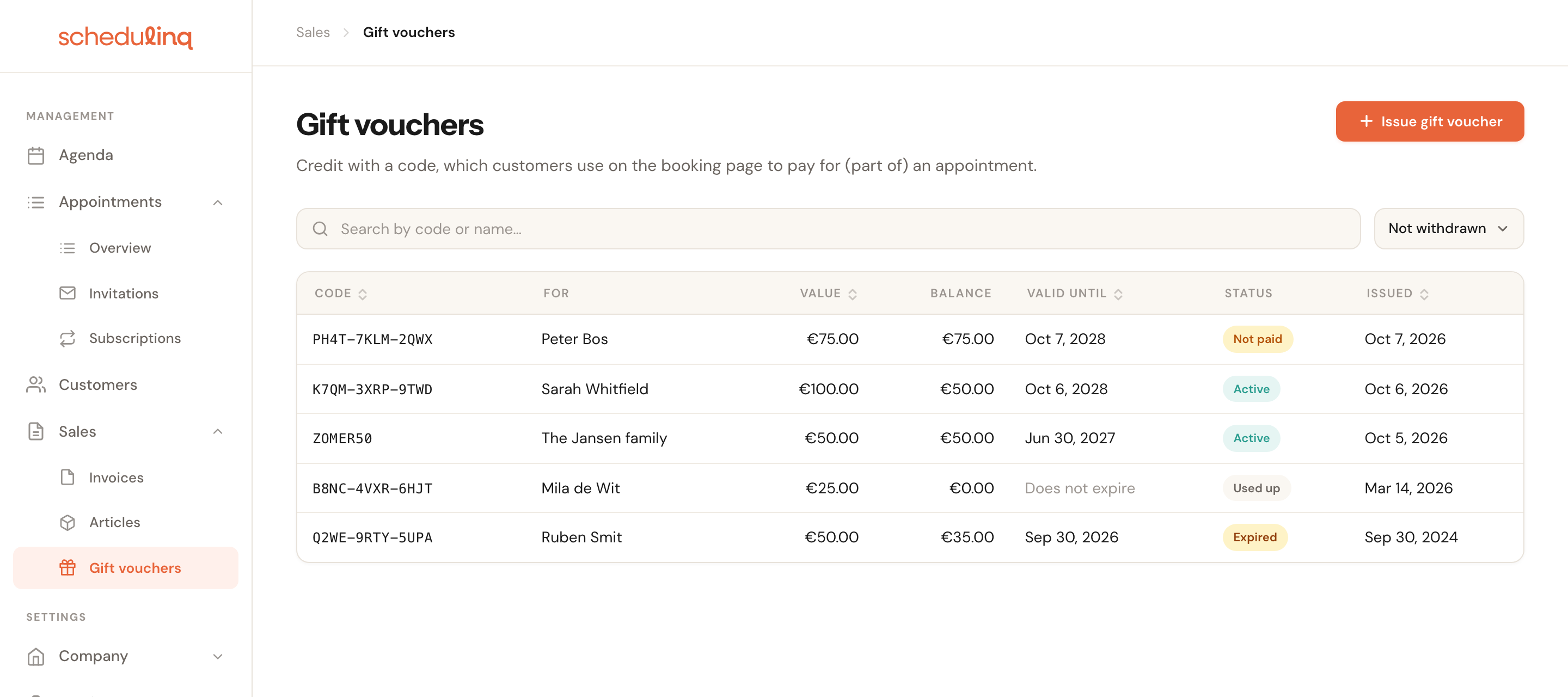 The Gift vouchers overview with five vouchers: PH4T-7KLM-2QWX for Peter Bos with the status Not paid, K7QM-3XRP-9TWD for Sarah Whitfield worth €100.00 with €50.00 balance left and the status Active, ZOMER50 Active, B8NC-4VXR-6HJT Used up and Q2WE-9RTY-5UPA Expired.