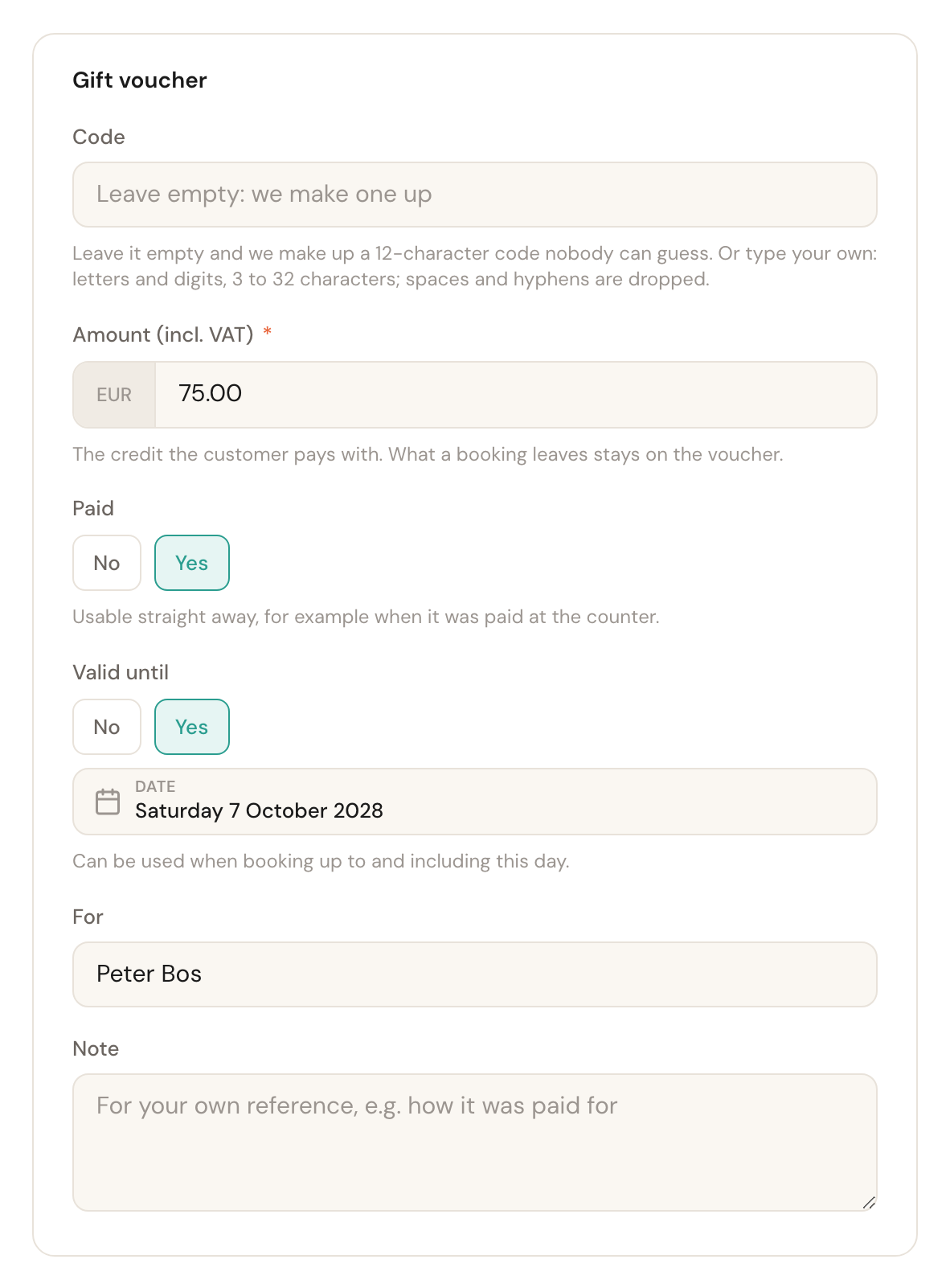 The Gift voucher card when issuing: an empty code with the explanation that Schedulinq makes one up, the amount 75.00, Paid set to Yes, Valid until set to Yes with Saturday 7 October 2028, For Peter Bos and an empty note.