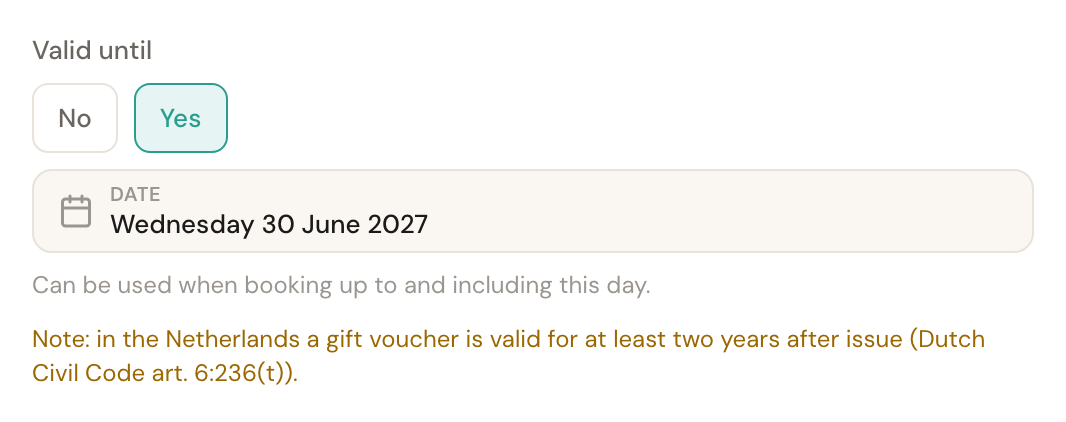 The Valid until field with Wednesday 30 June 2027 and below it the warning: Note: in the Netherlands a gift voucher is valid for at least two years after issue (Dutch Civil Code art. 6:236(t)).