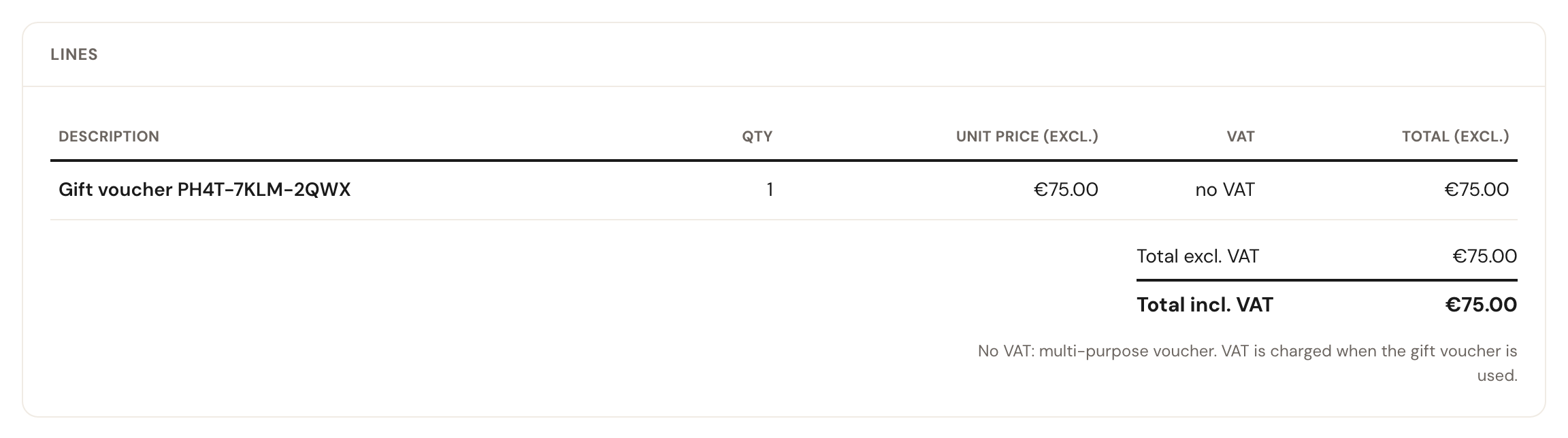 The draft invoice's lines: Gift voucher PH4T-7KLM-2QWX, quantity 1, €75.00, VAT: no VAT, total €75.00 excluding and including VAT, and the note: No VAT: multi-purpose voucher. VAT is charged when the gift voucher is used.