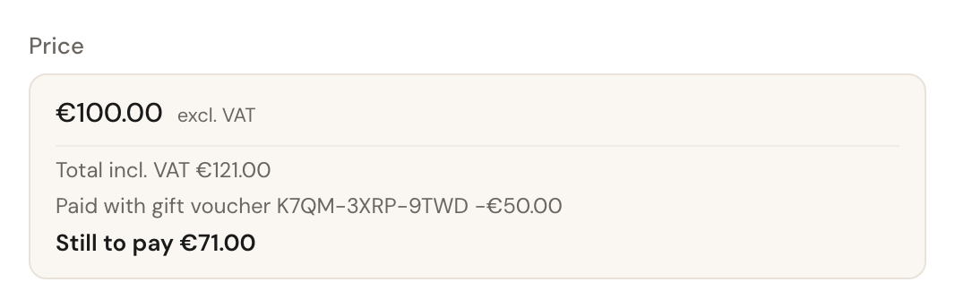 The Price field of an appointment: €100.00 excl. VAT, below it Total incl. VAT €121.00, Paid with gift voucher K7QM-3XRP-9TWD −€50.00 and in bold Still to pay €71.00.