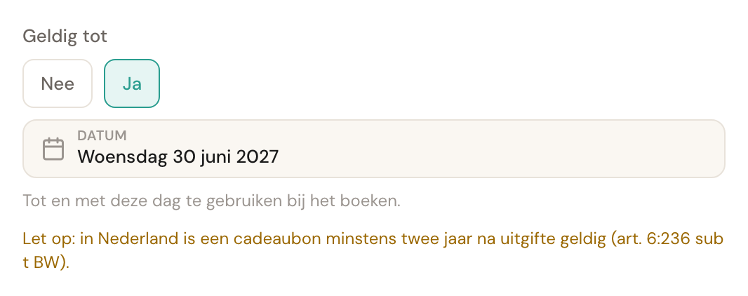 Het veld Geldig tot met woensdag 30 juni 2027 en daaronder de waarschuwing: Let op: in Nederland is een cadeaubon minstens twee jaar na uitgifte geldig (art. 6:236 sub t BW).
