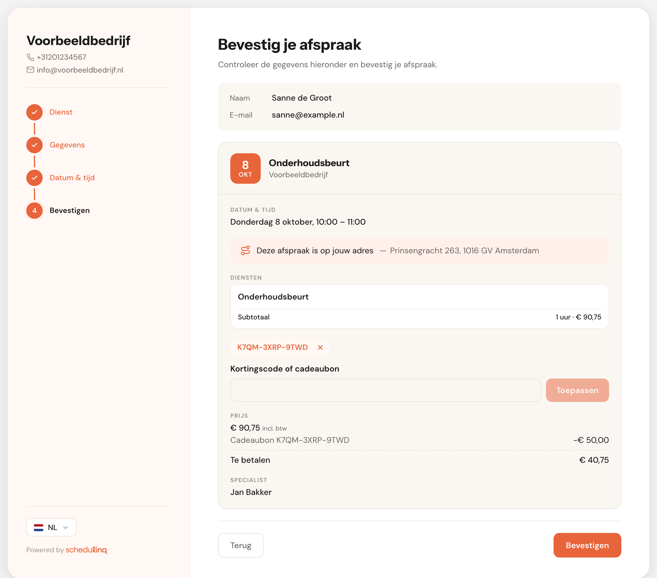 De laatste stap van de boekingspagina met de cadeaubon K7QM-3XRP-9TWD als label boven het vak Kortingscode of cadeaubon; onder Prijs € 90,75 incl. btw, de regel Cadeaubon K7QM-3XRP-9TWD −€ 50,00 en Te betalen € 40,75.