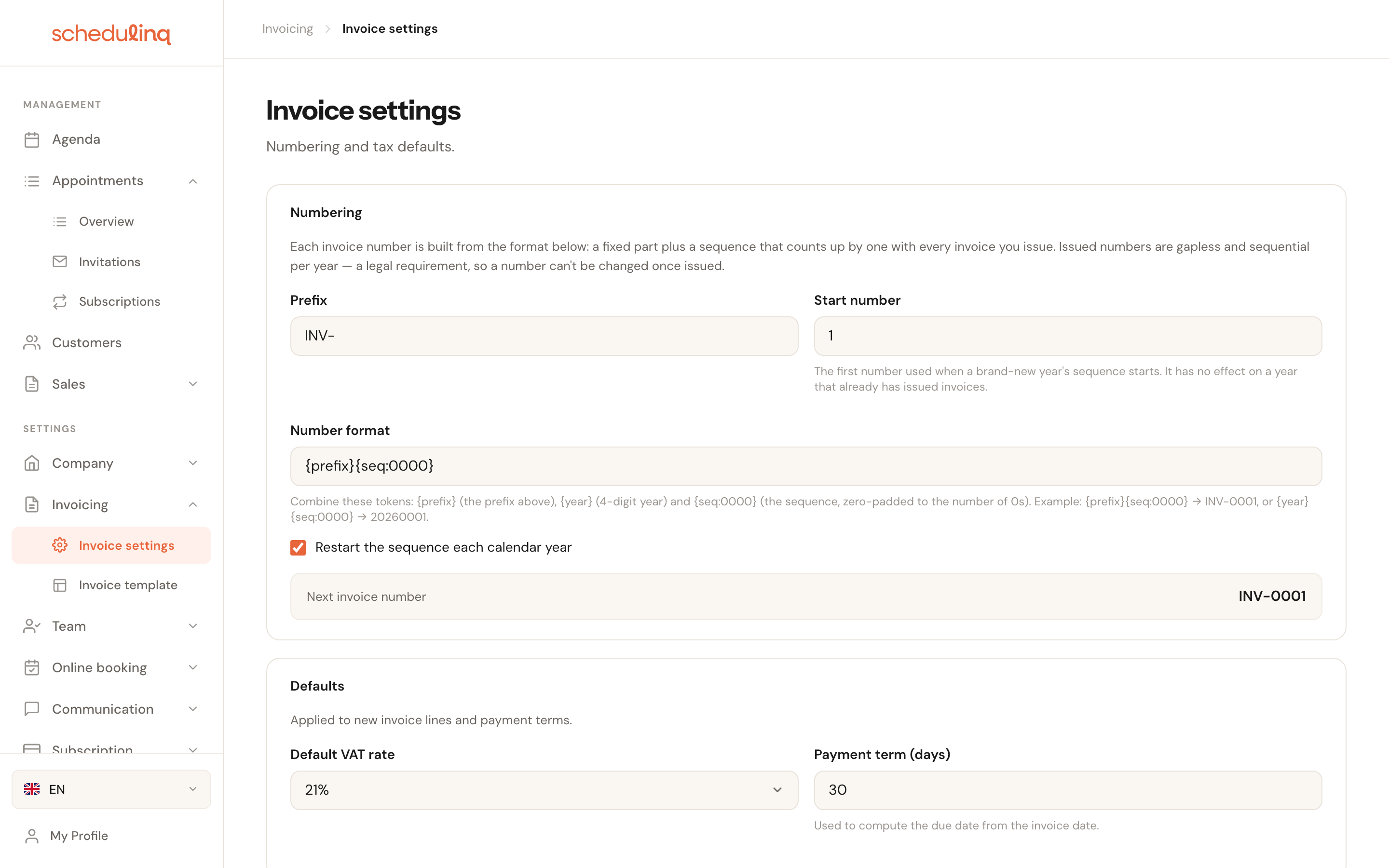 The Invoice settings page with the Numbering, Defaults and Reminders blocks.