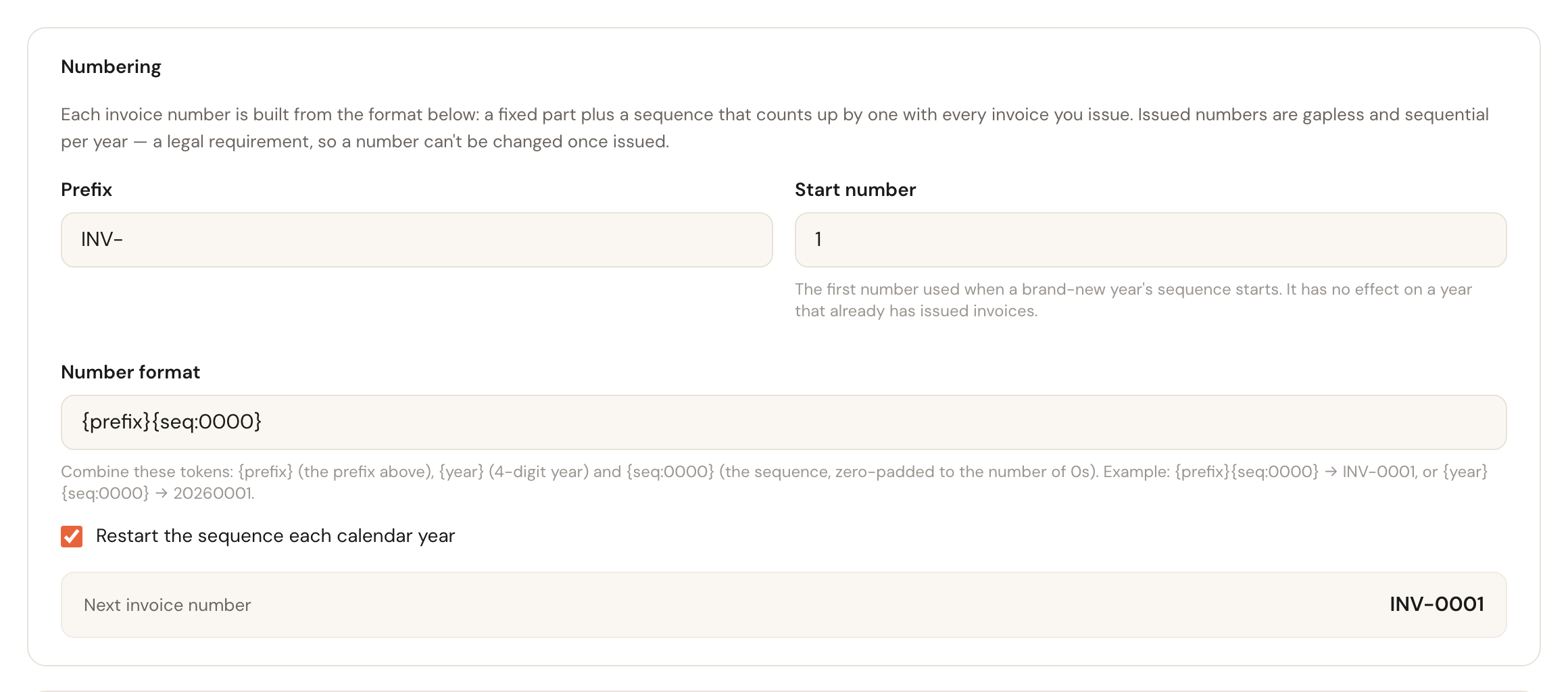 The Numbering block with prefix, start number, number format and the yearly restart checkbox.
