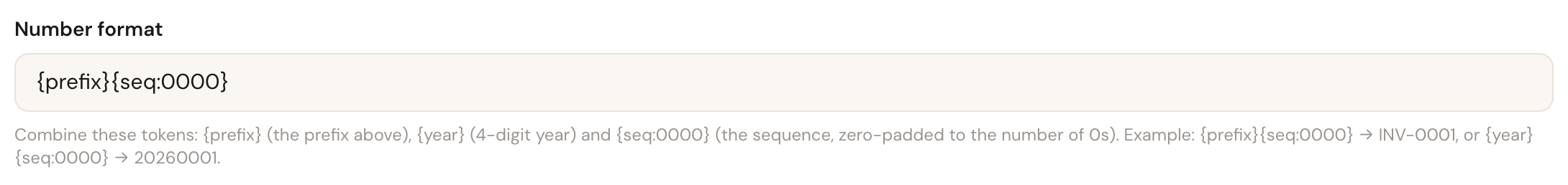 The Number format field with the available tokens explained underneath.