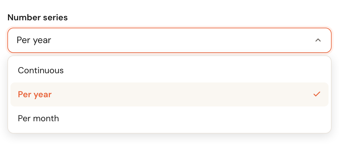 The Number series list open: Continuous, Per year and Per month.