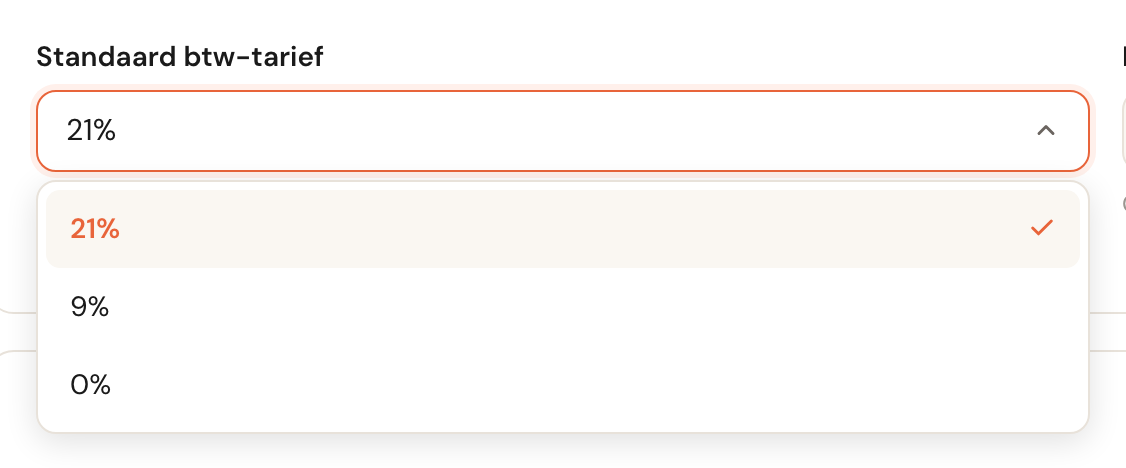 De lijst met btw-tarieven: 21 procent, 9 procent en 0 procent.